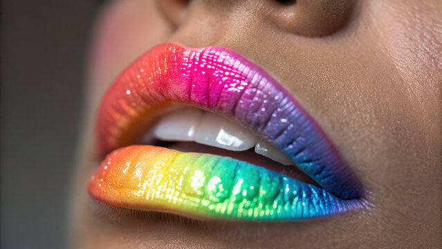 Sexy lips kissing in neon UV disco concept. Close-up of vibrant rainbow lips showcasing bold makeup artistry.