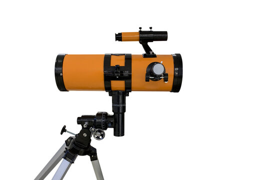 Beginner reflecting telescope on tripod, orange astronomical telescope for stargazing isolated on transparent background PNG
