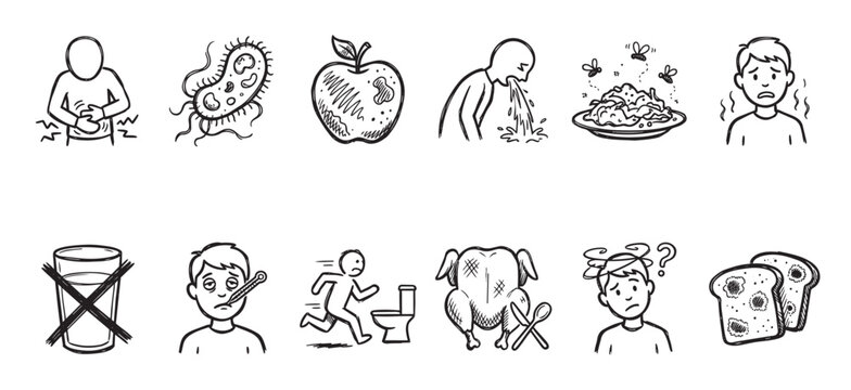 A collection of simple black and white doodle illustrations depicting various aspects of food poisoning including stomach ache, bacteria, vomiting, flies on food, sickness and confusion.
