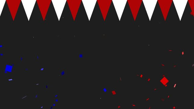 Animation of festive red and white pennant banners with falling gold, red an blue confetti.