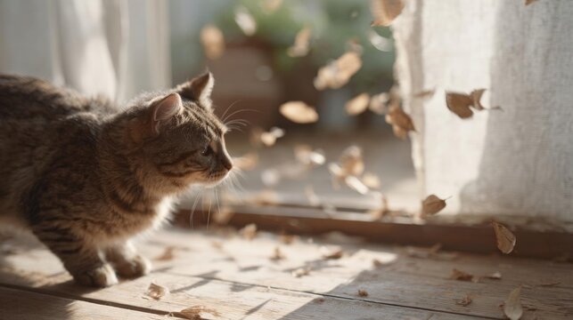 Cat walking on a wooden floor in front of a window. the cat is a tabby with brown and black stripes and is looking towards the right side of the image.