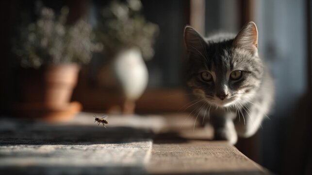 Close-up of a gray cat sitting on a wooden surface. the cat is looking directly at the camera with a curious expression.