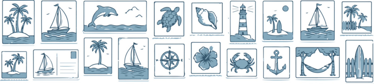 Colorful tropical vacation icons set with palm tree, lobster, pineapple, drink, sailboat and hut