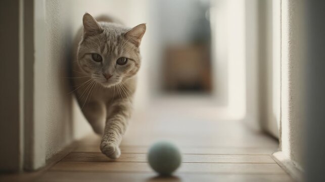 Light-colored cat walking on a wooden floor. the cat is facing the camera and appears to be looking directly at the camera.