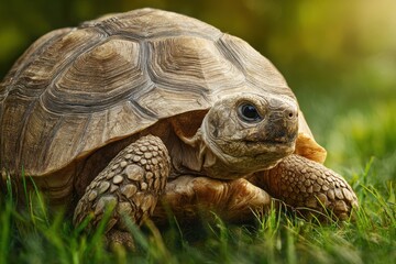 Obraz premium Tortoise walking through green grass in soft natural light