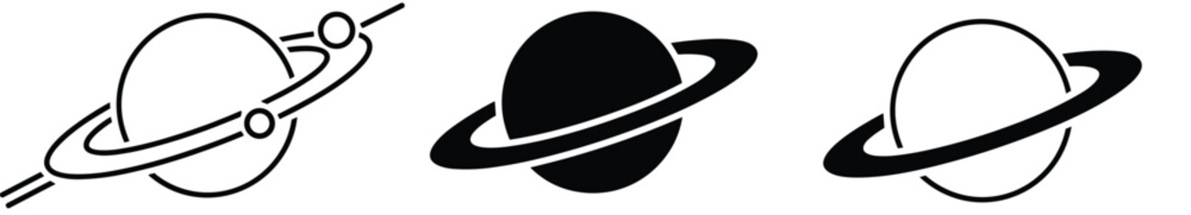 Saturn Planet Icon Set with Ringed Planet Outline and Silhouette Space Symbol Vector Collection for Astronomy and Cosmic Design © Priyanka