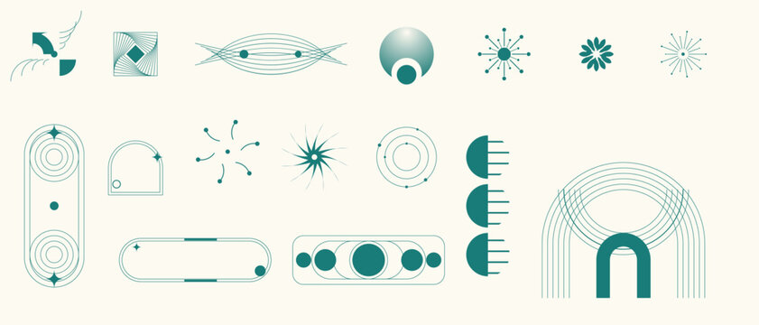 Minimalist teal geometric icons and abstract graphic elements set for modern branding web design UI kits and creative vector shape compositions.