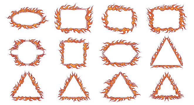 Collection of decorative borders and frames designed with vibrant orange and red burning fire flames on a clean white background.