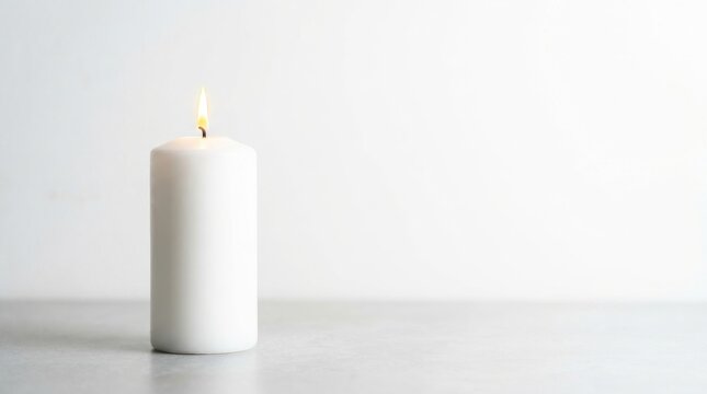 A burning pillar candle stands isolated on a plain white background surface.