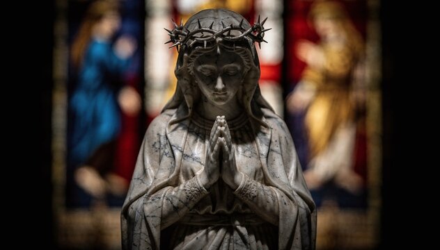 Ancient marble statue of a praying veiled female figure wearing a thorn wreath, with blurred stained glass art providing a colorful backdrop for solemn contemplation
