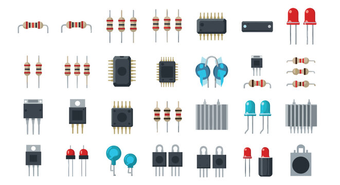Diverse collection of electronic components like resistors, LEDs, transistors, and integrated circuits used for circuit board assembly.