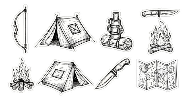 Camping and outdoor adventure icons set.