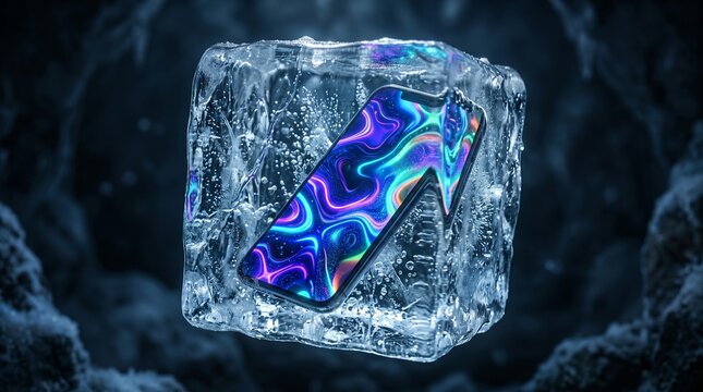 Smartphone frozen in ice cube with vibrant abstract screen design