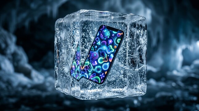 Frozen smartphone in an ice cube with a glowing screen displaying abstract art