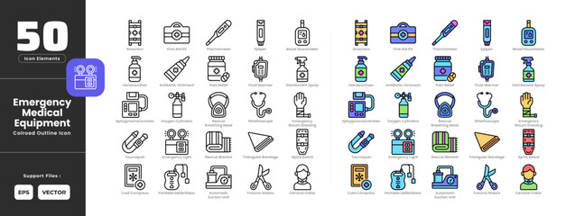 Emergency medical equipment tools icon set collection - colored outline line art style. Containing antibiotic ointment, automatic suction unit, blood glucometer, cervical collar, cold compress. © Yumagema