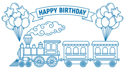Festive birthday party banner with steam train engine and balloon bunches. © Amir