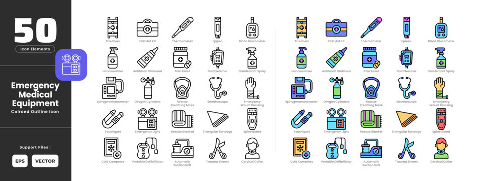 Emergency medical equipment tools icon set collection - colored outline line art style. Containing antibiotic ointment, automatic suction unit, blood glucometer, cervical collar, cold compress.