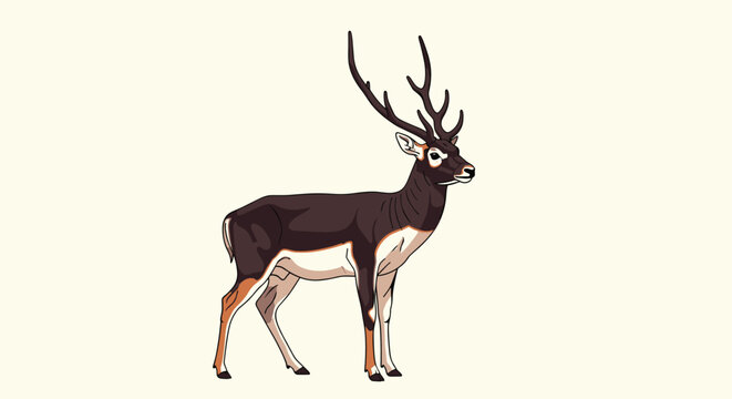 Majestic blackbuck deer with long spiraled antlers standing gracefully in a flat vector illustration on light background.
