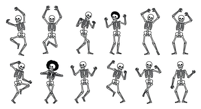 Collection of twelve dancing skeleton illustrations in various dynamic and expressive poses over a plain white background.