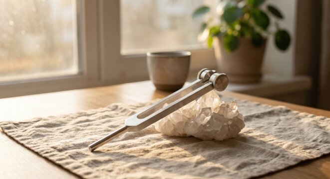 Tuning fork resting on quartz crystal in morning light