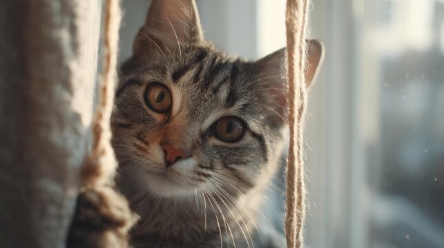 Close-up of a cat's face. the cat is looking directly at the camera with a curious expression. its fur is a mix of grey and black stripes, and its eyes are a piercing orange color.