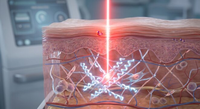 Laser beam stimulating collagen synthesis in skin dermis