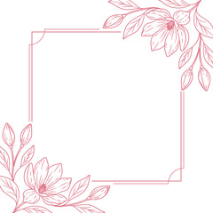Kwadratowa ramka z dużymi kwiatami magnolii w narożnikach – różowy line art, styl botaniczny © Monika