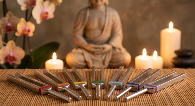 Seven chakra tuning forks on bamboo mat in luxury spa