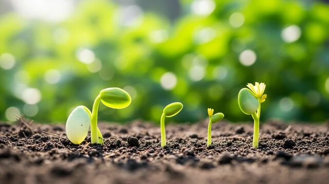 Young green sprouts growing from fertile soil in a sunny garden, symbolizing new life, growth, and agricultural development in a natural environment