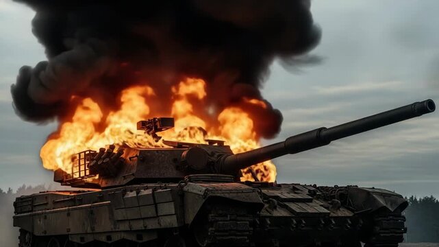 A heavily armored main battle tank engulfed in intense flames and thick black smoke on a battlefield