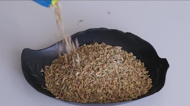 Slow motion video of aromatic fennel seeds or saunf falling into a black decorative plate