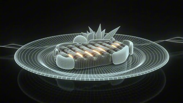 Hologram wireframe steak and vegetables on a plate. Thin glowing neon cyan lines, faint grill marks, and a scanning light pulse over this futuristic digital food concept.