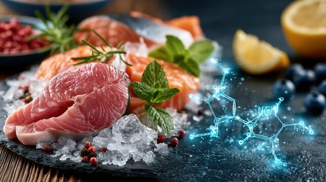 Artistic photorealistic split composition left half shows fresh raw fish on ice, right half shows glowing molecular structure of trimethylamine (TMA) with chemical formula N(CH3)3 floating 