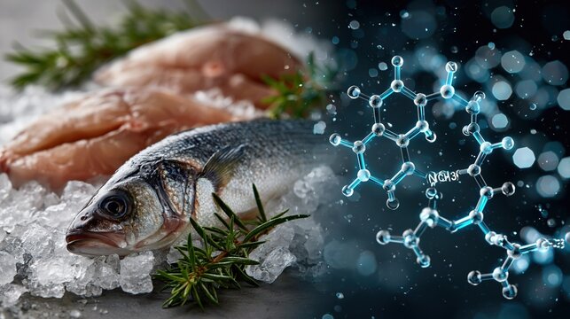 Artistic photorealistic split composition left half shows fresh raw fish on ice, right half shows glowing molecular structure of trimethylamine (TMA) with chemical formula N(CH3)3 floating 