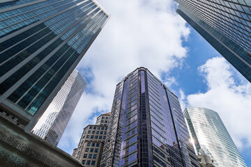 Obraz premium Glass skyscrapers viewed from below against blue sky
