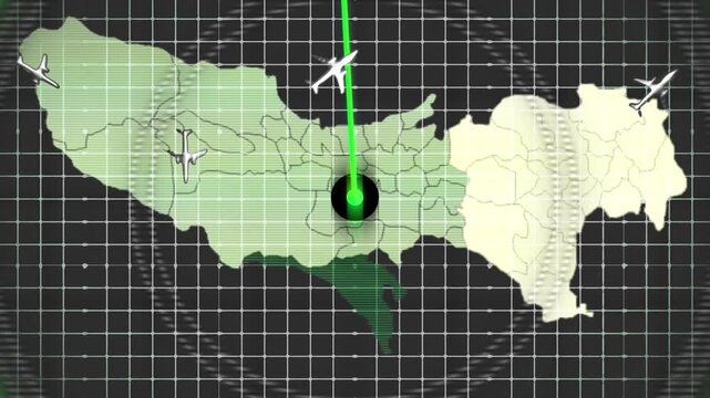 Aircraft, planes as seen on a simulated air traffic control monitor. Multiple aircraft symbols passing across screen with circular radar over a rough map of Tokyo, Japan. 