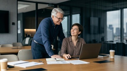 Obraz premium Business team of two executives working together using laptop in office. Happy young business woman manager showing project presentation to mature man client, investor or partner at work meeting.
