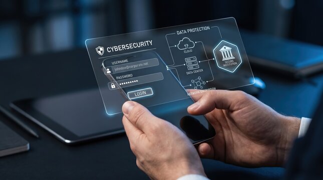 Close-up of hands holding smartphone with futuristic transparent cybersecurity login screen showing data protection, cloud storage and network encryption icons. Digital security
