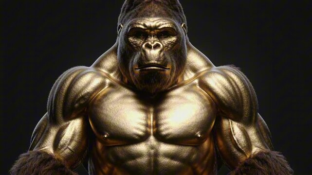 Powerful golden gorilla with sculpted metal muscles breathing slowly against a pure black background.
