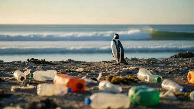 A penguin standing on a beach littered with plastic waste and bottles, highlighting the environmental impact of ocean pollution on marine life