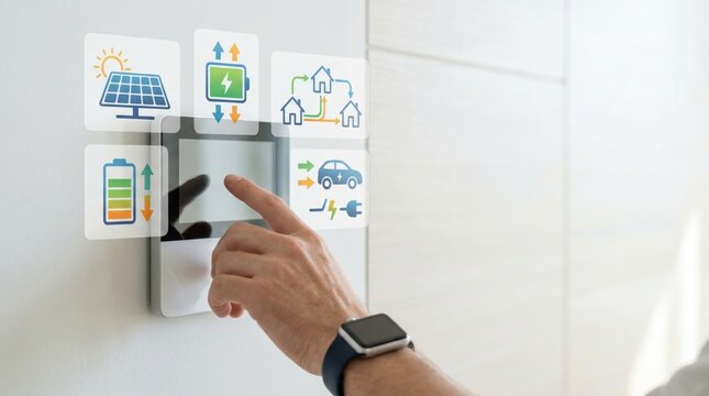 Smart home energy management system control panel with solar power and battery icons, sustainable electricity usage, green technology, eco-friendly house automation, renewable