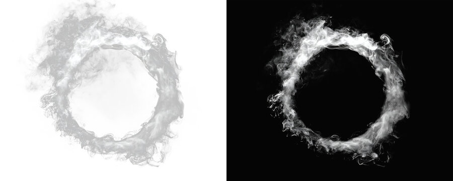 Abstract smoke ring circular frame with dense vapor texture, dynamic swirling mist forming detailed halo shape with soft diffusion and fluid motion PNG