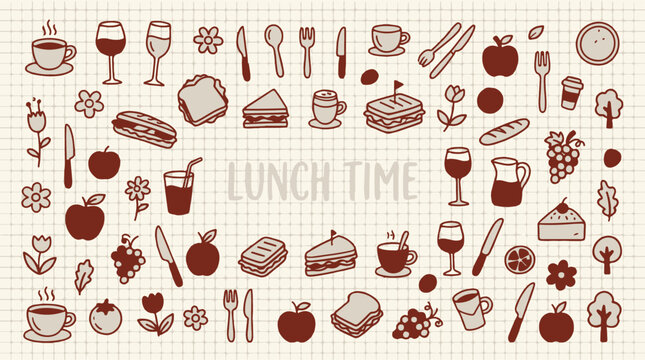 Colorful lunch time food and drink illustration set with utensils and flowers