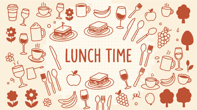 Colorful lunch time flat illustration with food and drink items