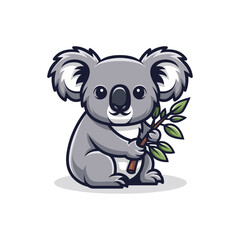 Fototapeta premium Cute cartoon koala bear holding a eucalyptus branch, adorable illustration.