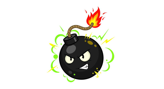 Cartoon Bomb with Fuse Burning, Angry Face, Explosion Effect