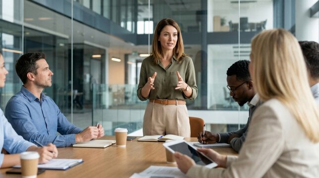 Team meeting in boardroom. Business woman executive ceo leader discussing project management planning strategy working with diverse colleagues company team at office corporate board group meeting.