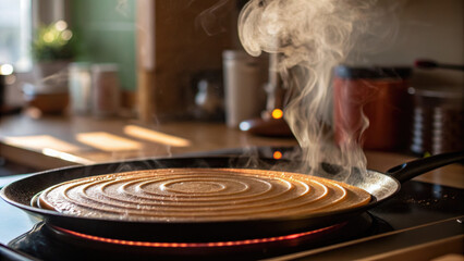 Obraz premium Chef garnishing seafood dish in slow motion concept. Freshly cooked pancake with steam rising, showcasing a warm kitchen.