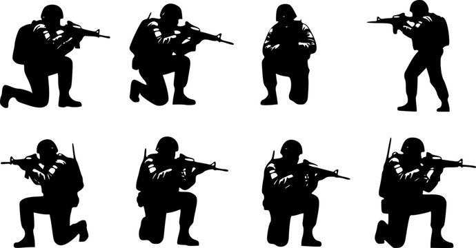 Military Soldiers Squad Silhouette Vector - Tactical Army Infantry Personnel in Combat Poses, Special Forces Commandos Isolated Graphics