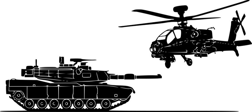 Military Tank and Attack Helicopter Silhouette Vector - Modern Army Armored Vehicle and Aircraft Isolated on White Background